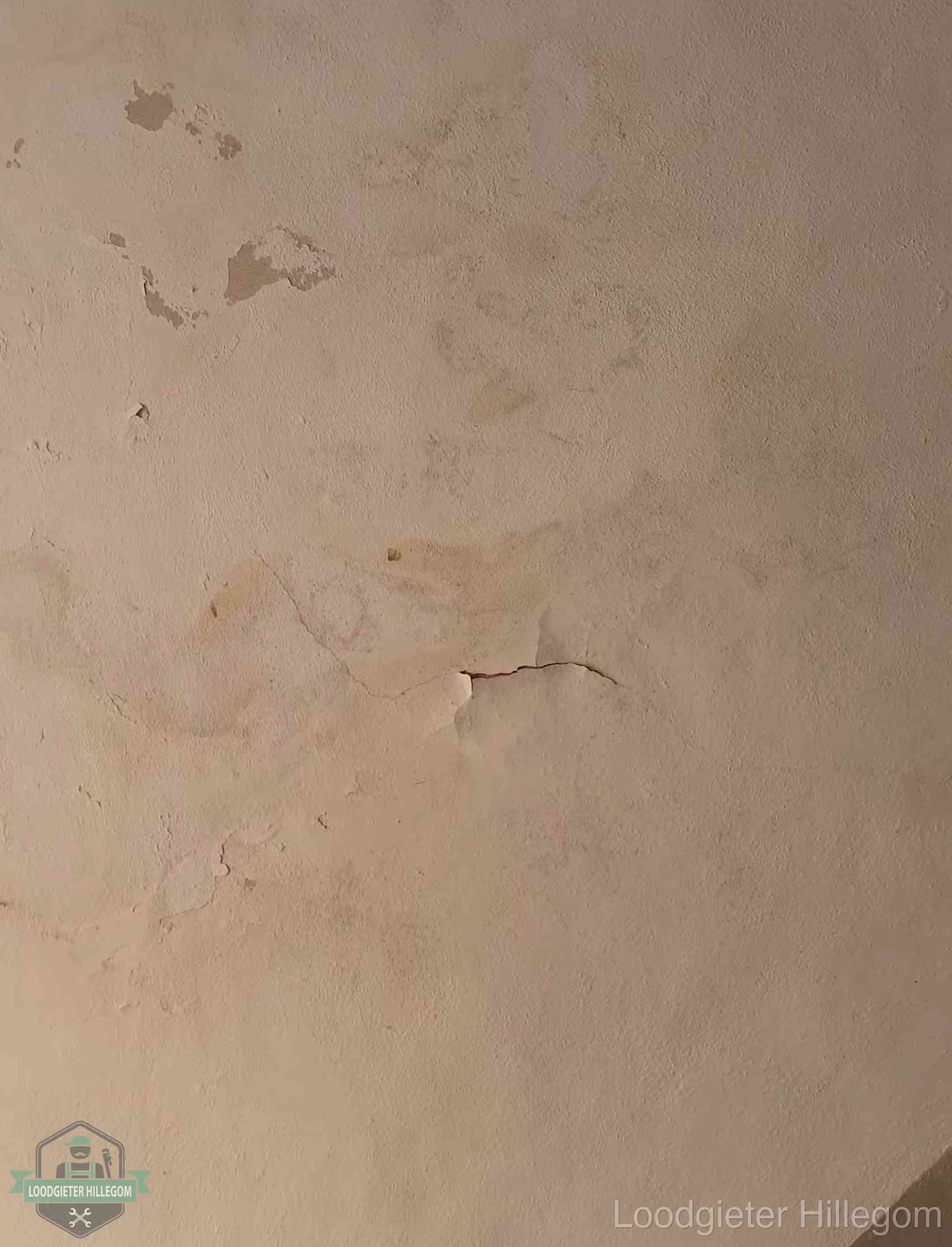 Vochtkringen en afbladderende verf op een plafond in Hillegom, schade voor het meetrapport en de verzekering